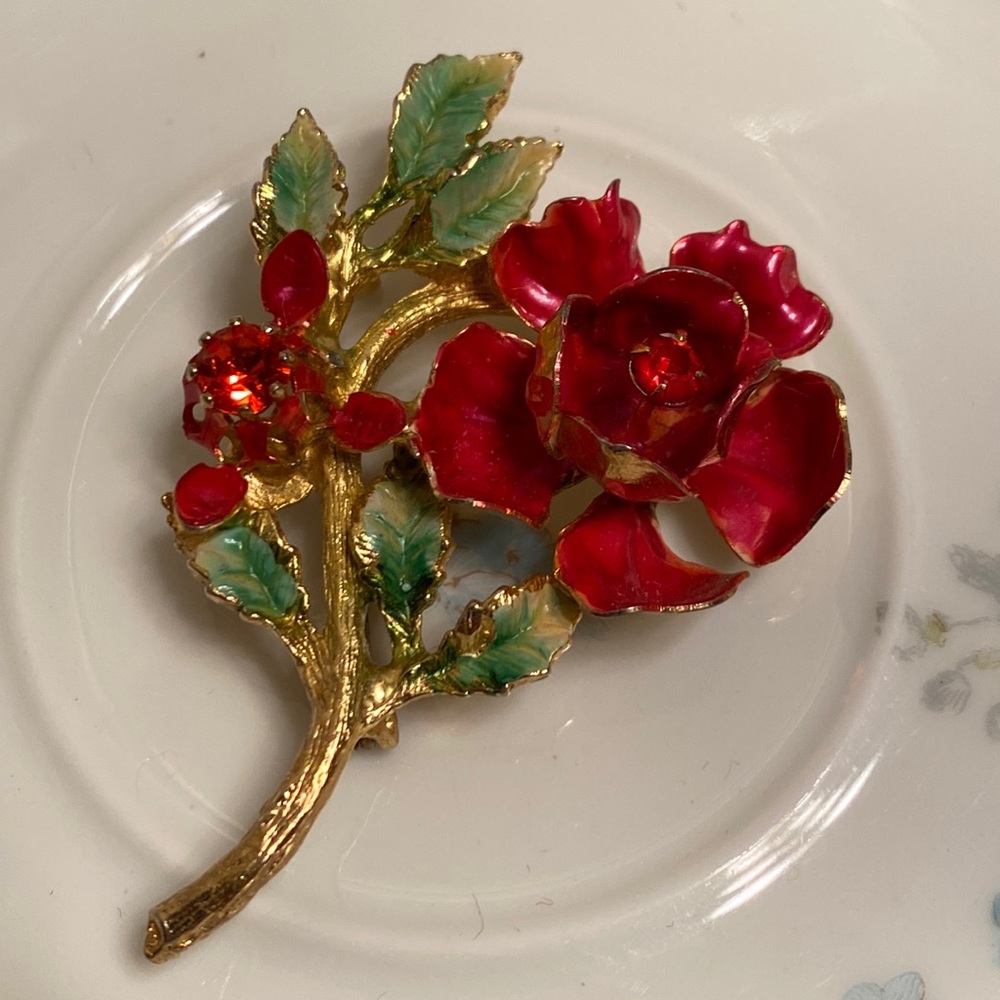 Vintage Made in Austria enamel rhinestone red flower brooch- 2 1/2” x 1 1/2”